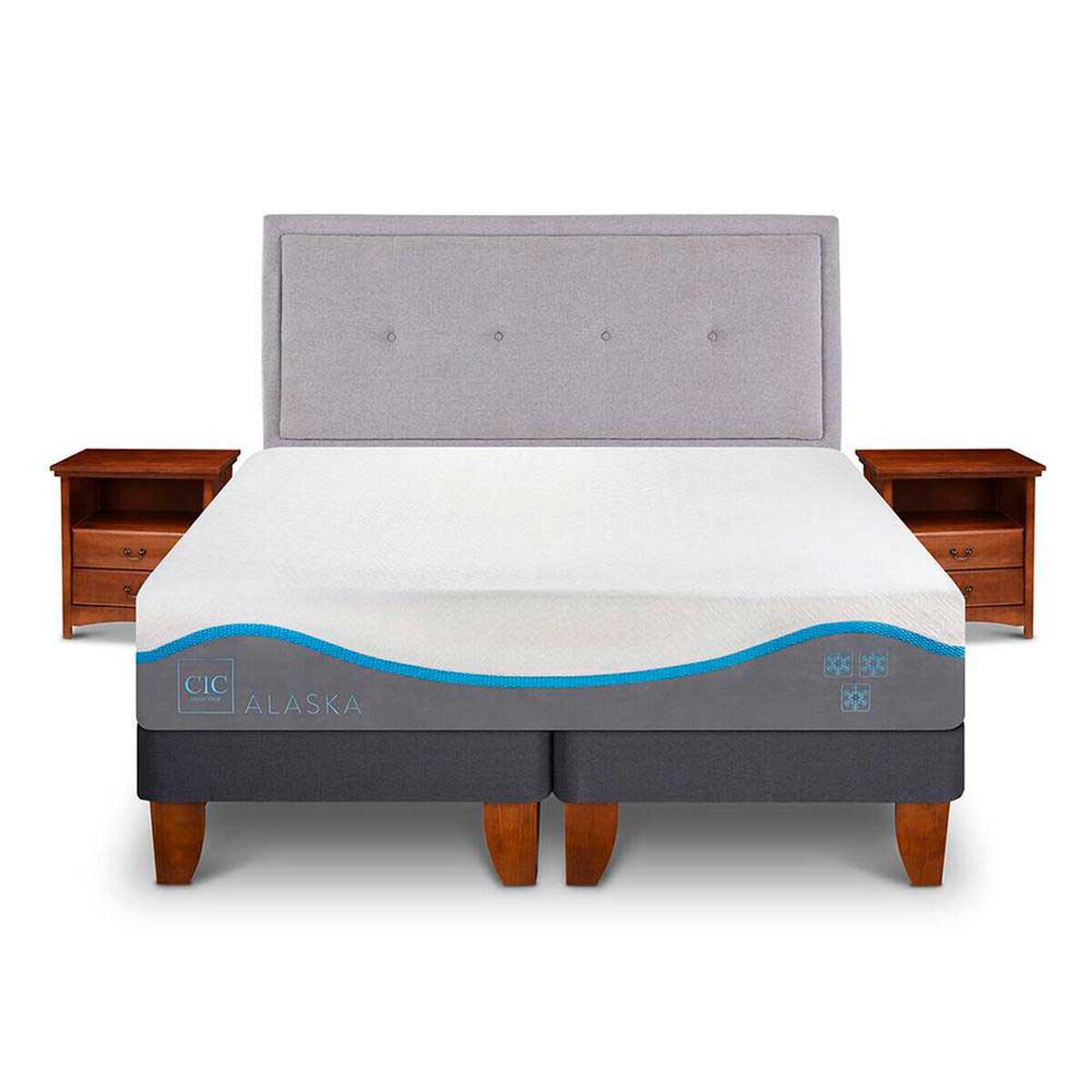Cama Europea CIC Base Dividida 2 Plazas Alaska + Respaldo + 2 Veladores