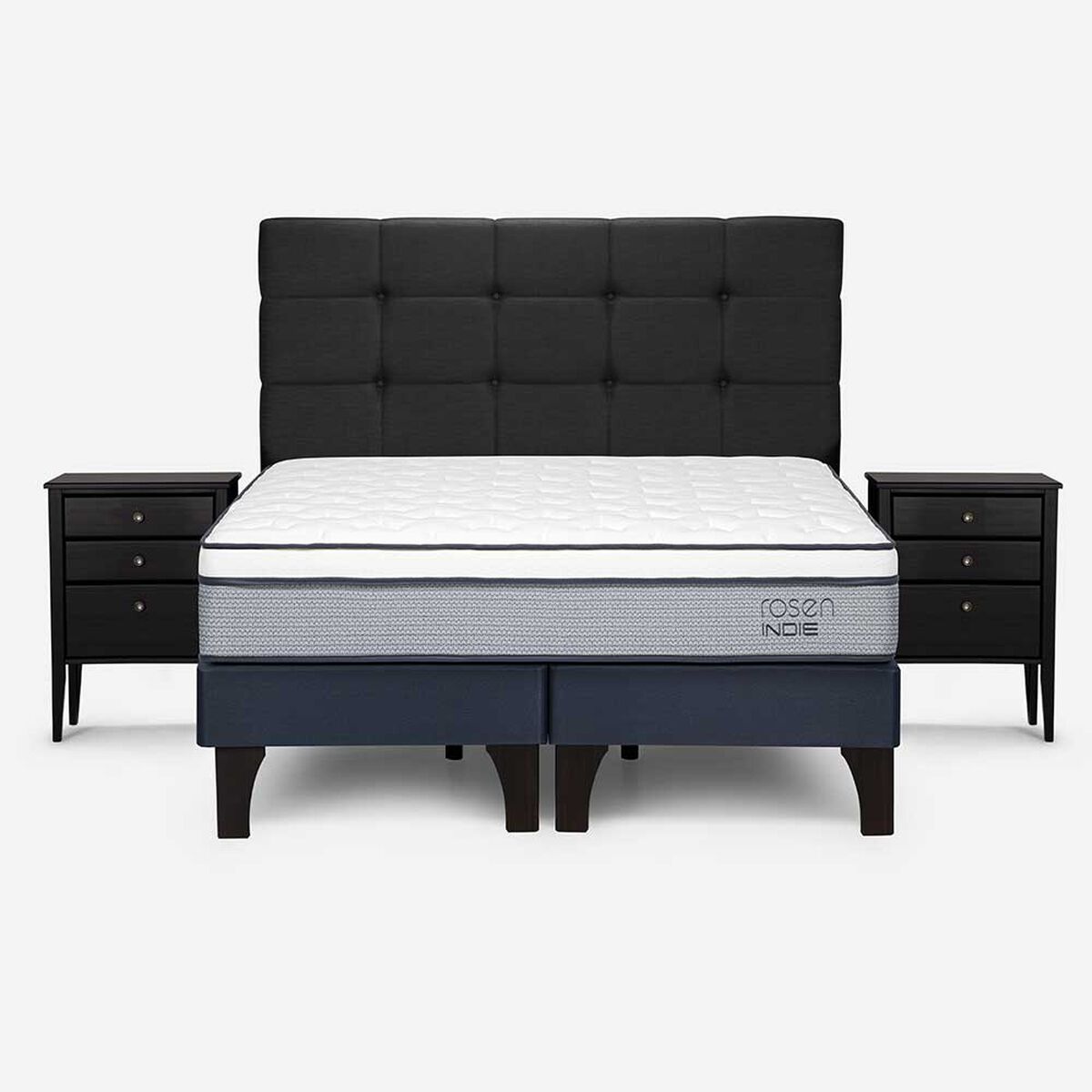 Cama Europea Rosen Base Dividida 2 Plazas Pratta + Respaldo + 2 Veladores Issey