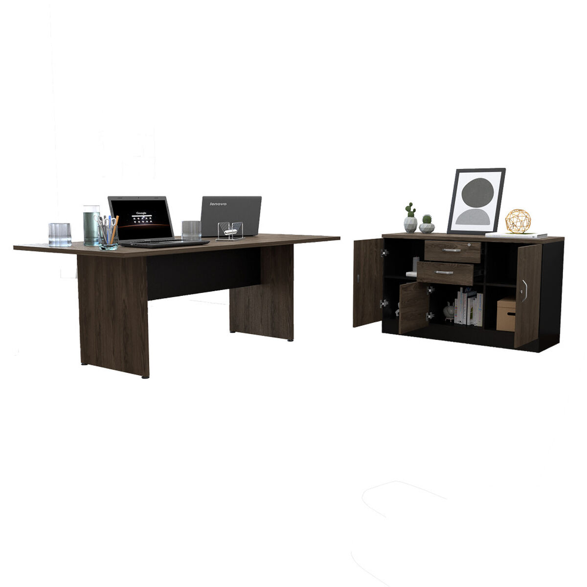 Combo Oficina Mesa Reuni&oacute;n + Gabinete 2 Puertas Negro TuHome Home Office