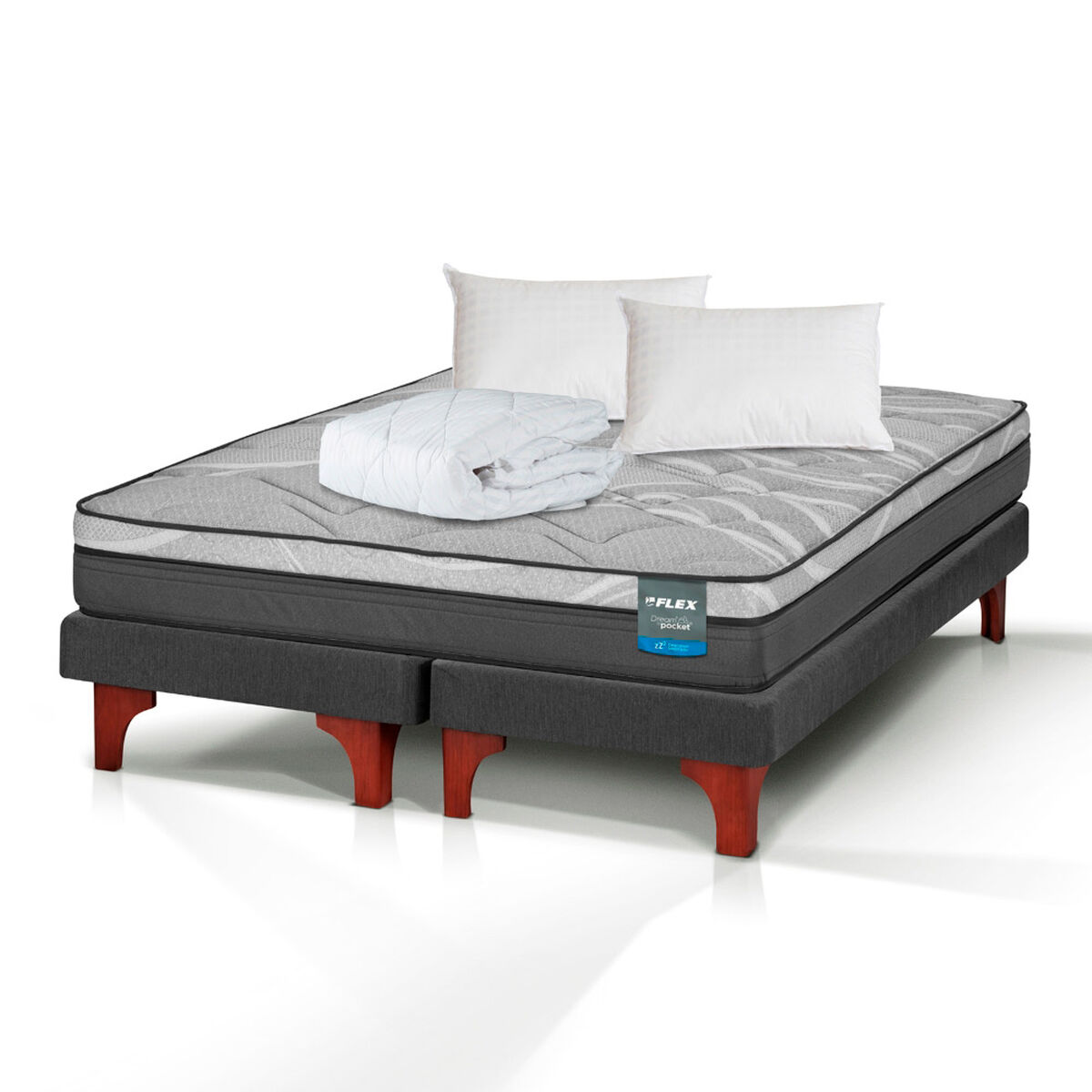 Cama Europea Flex 2 Plazas Dream Pocket Box B/D + 2 Almohada + Cubrecolchon Basico