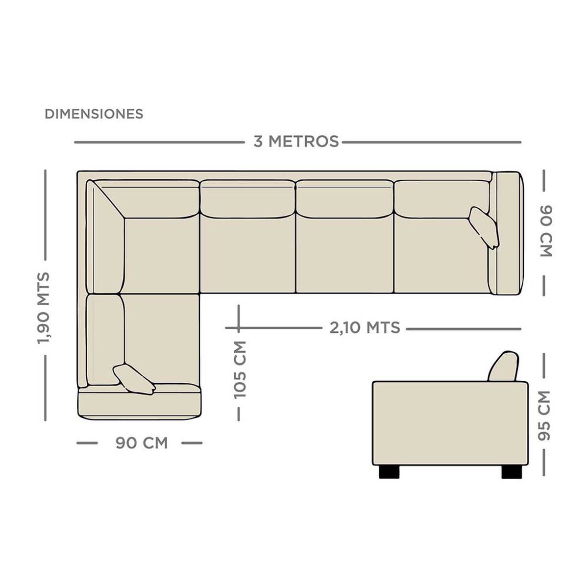 Sofá Seccional Izquierdo Living Factory New Paris Chaise Longue + Sofá 4 Cuerpos Crudo