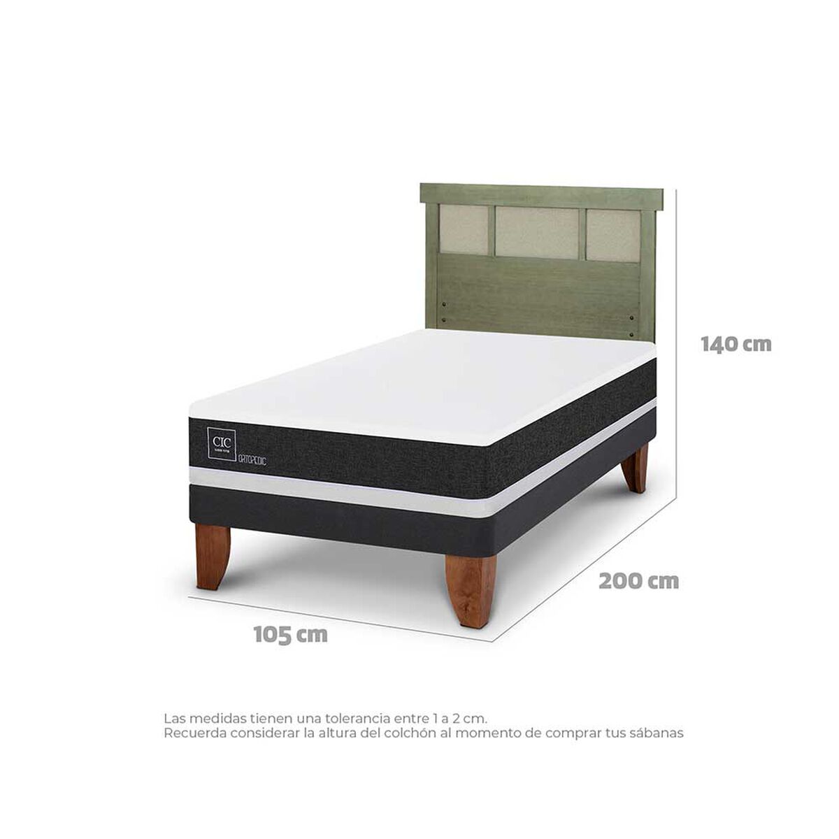 Cama Europea CIC 1,5 Plazas Ortopedic + Respaldo Dublin Olivo