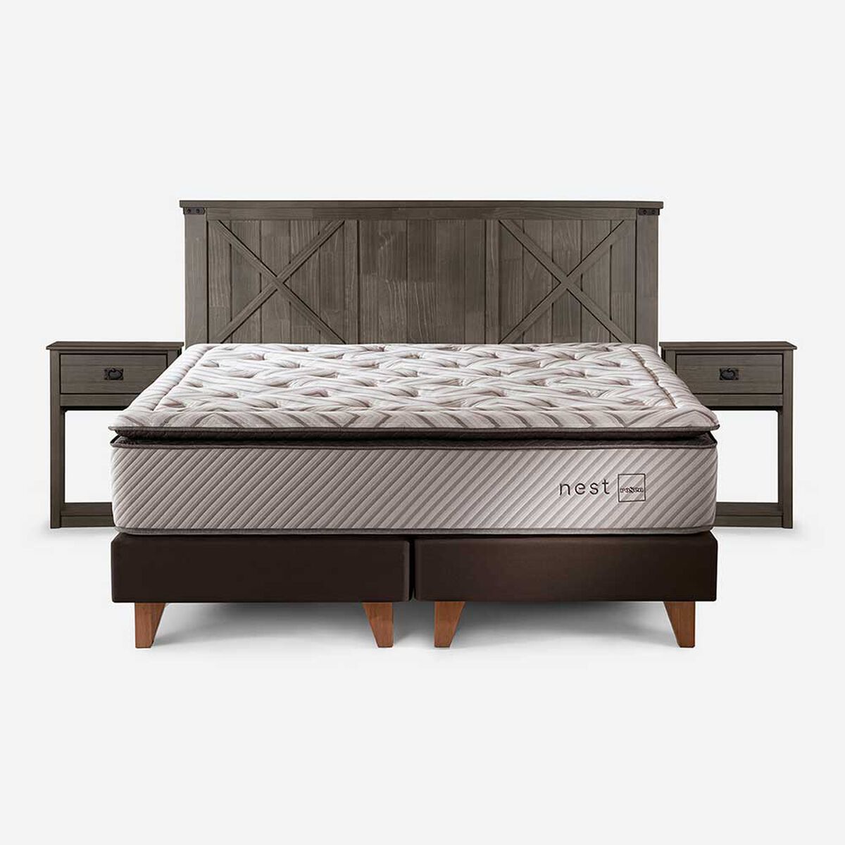 Cama Europea Rosen Base Dividida 2 Plazas Nest + Respaldo + 2 Veladores Ray