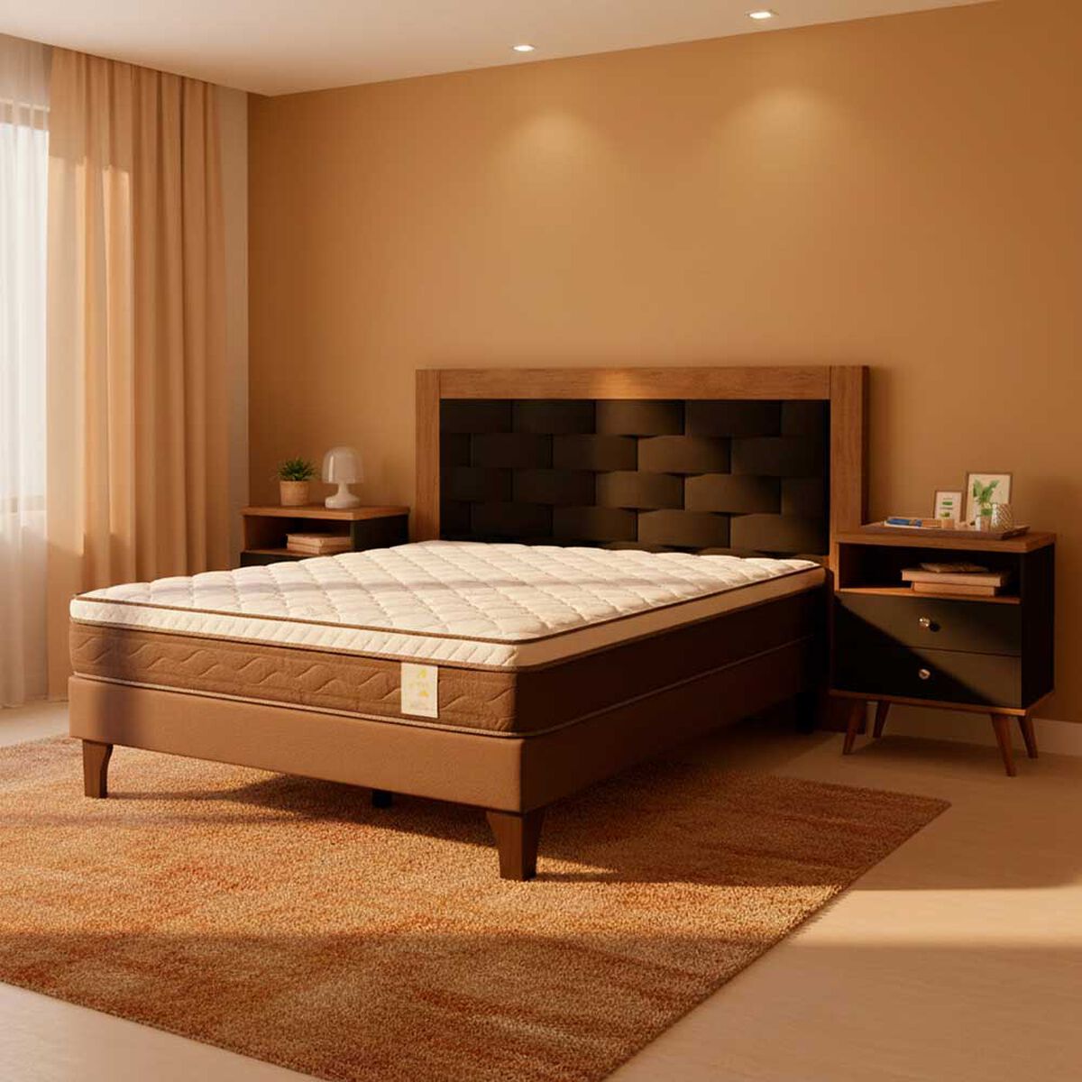 Combo Cama Europea Rosen 2 Plazas New Style 4 Plus + Respaldo + 2 Veladores Dreams 2 Plazas Treliza Negro