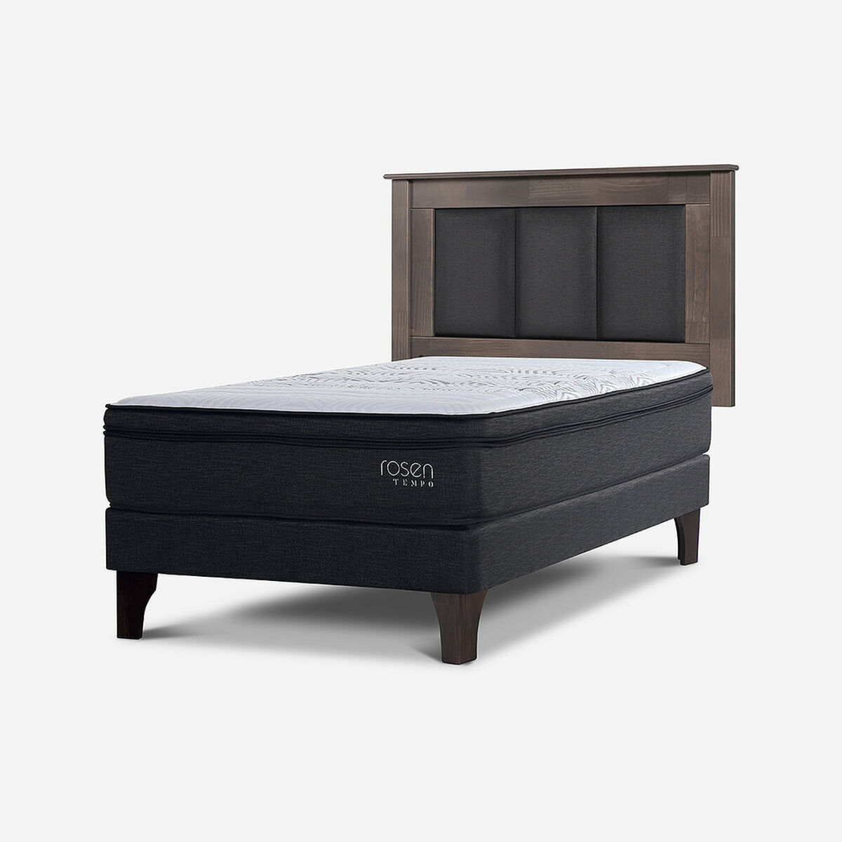Cama Europea Rosen 1,5 Plazas Tempo + Respaldo + Velador Rachel Gris