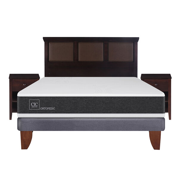 Cama Europea CIC 2 Plazas Ortopedic + Respaldo + 2 Veladores Torino Chocolate