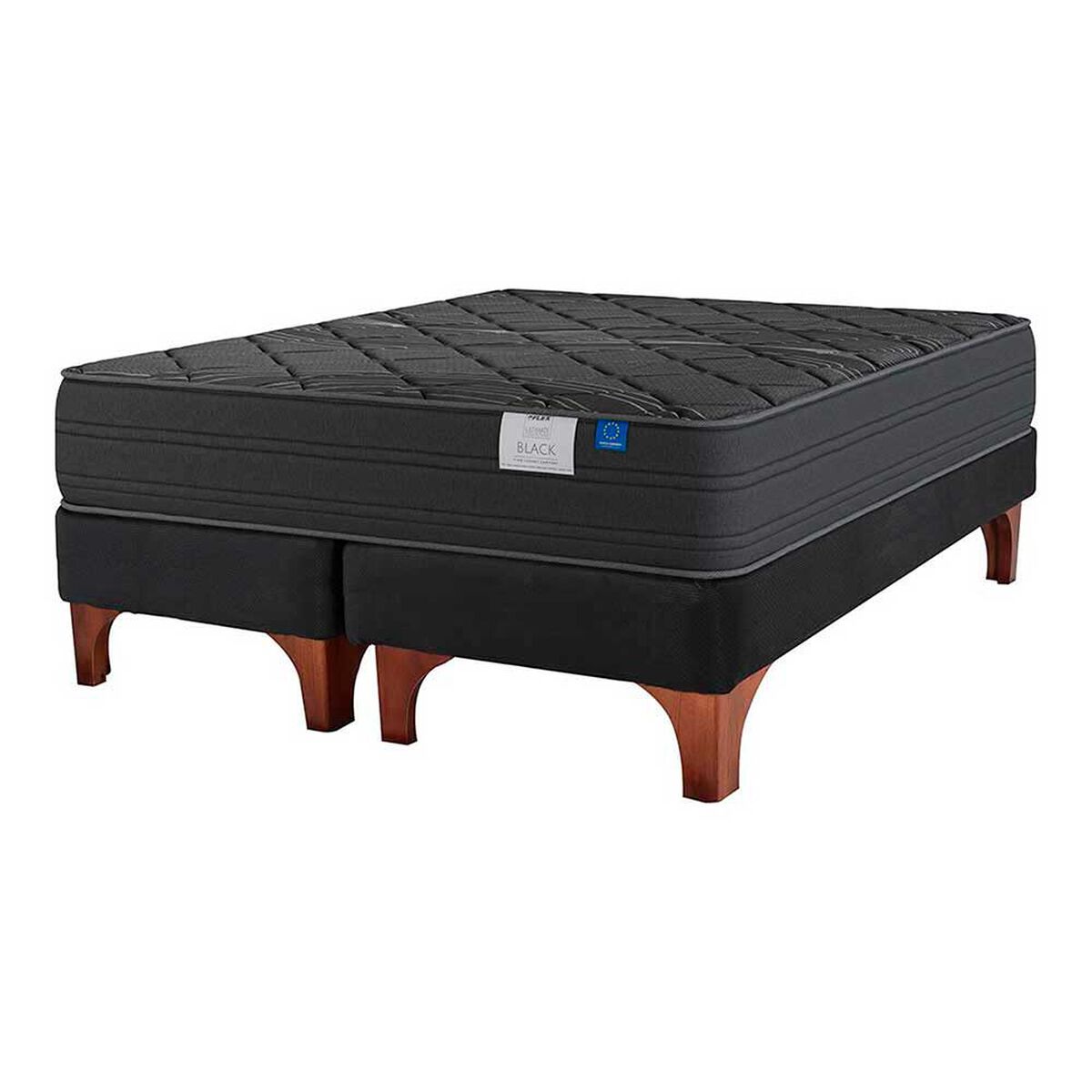 Combo Cama Europea Flex Base Dividida 2 Plazas Black + Respaldo + 2 Veladores Dreams Treliza Negro + Pack Almohadas Celta Imperial Soft