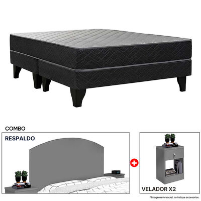Combo Celta Cama Europea 2 Plazas New Atlantis Base Dividida 190 x 150 cm + Respaldo + 2 Veladores Casanova 2 Plazas Gris