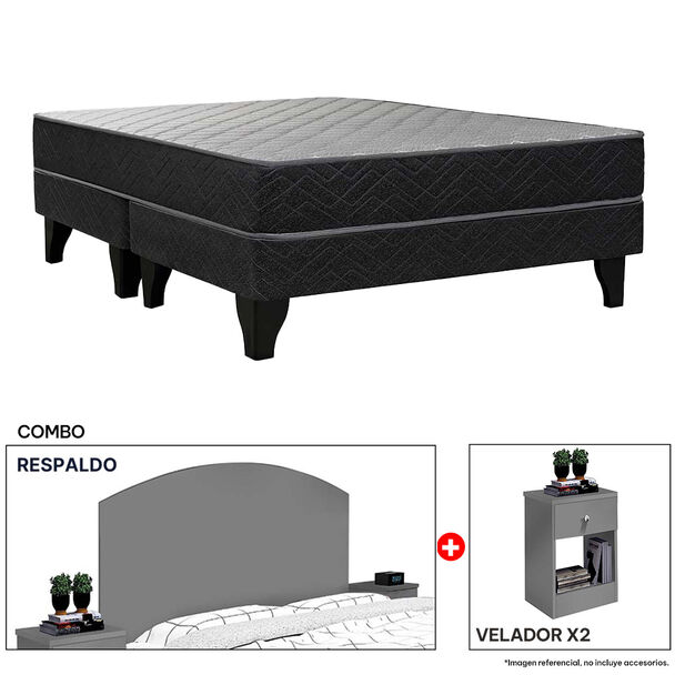 Combo Celta Cama Europea 2 Plazas New Atlantis Base Dividida 190 x 150 cm + Respaldo + 2 Veladores Casanova 2 Plazas Gris