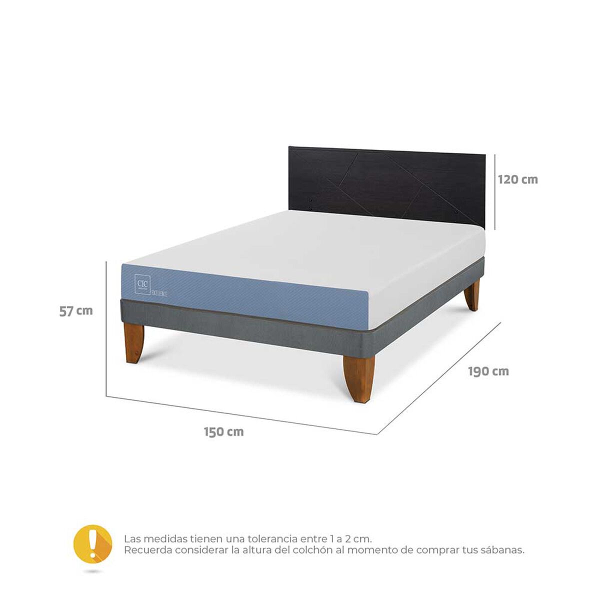 Cama Europea CIC 2 Plazas Excellence + Respaldo Villarrica Negro