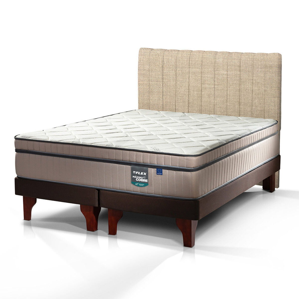 Cama Europea Flex Base Dividida 2 Plazas M&aacute;ximo Cobre  + Respaldo Tubular Beige