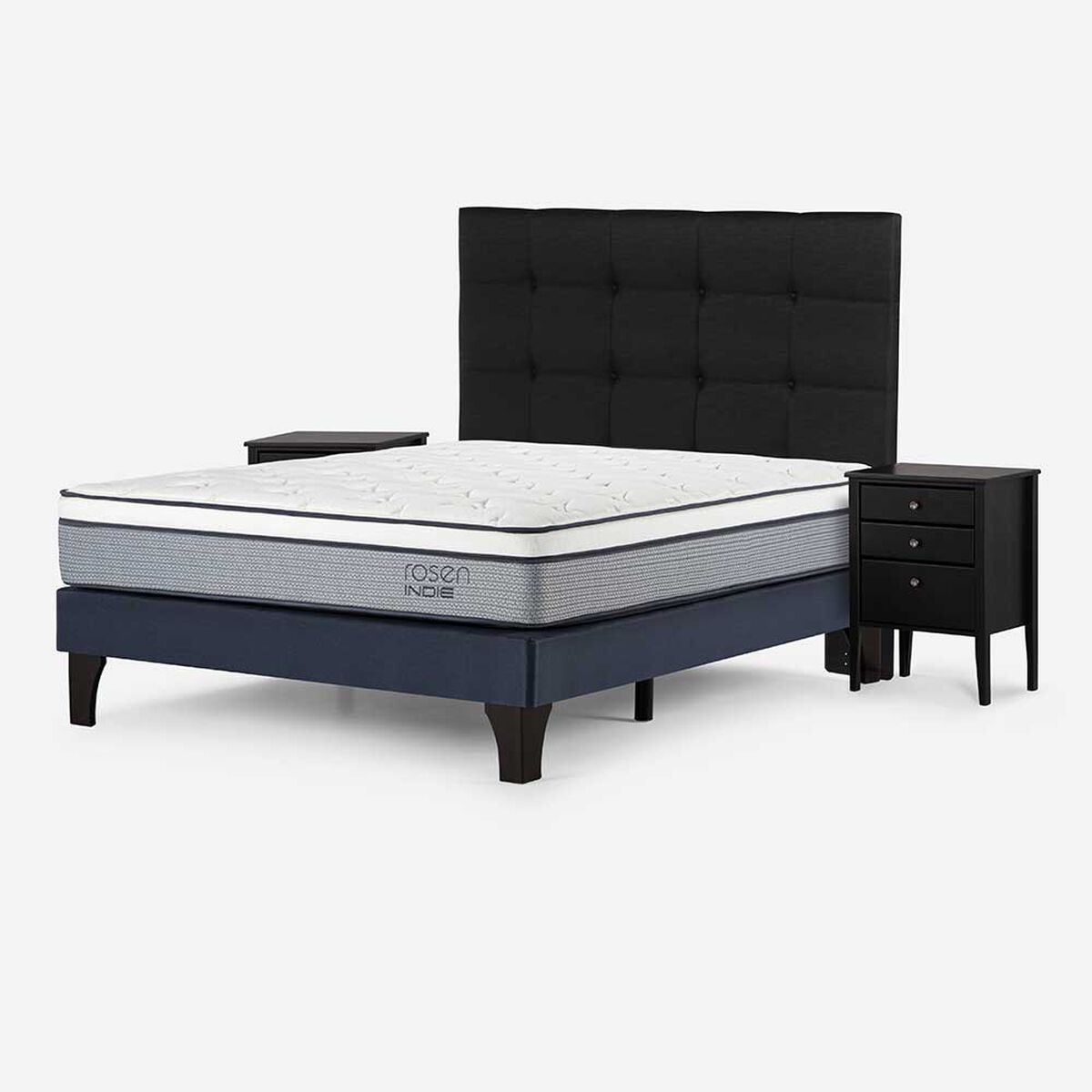 Cama Europea Rosen 2 Plazas Pratta + Respaldo + 2 Veladores Issey