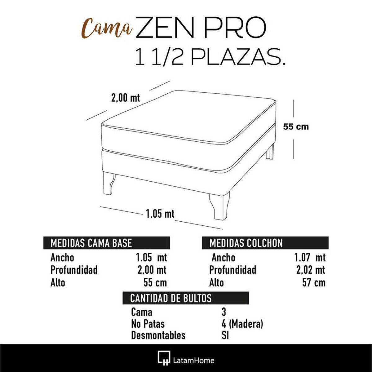 Cama Europea Latam Home 1,5 Plazas Zen Pro Chocolate