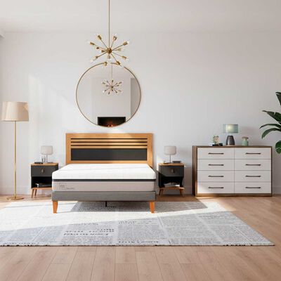 Combo Cama Europea CIC 2 Plazas Balance + Respaldo 2 Plazas + 2 Veladores Casanova Caroline Natural + C&oacute;moda Casanova Charlotte Nogal 8 Cajones