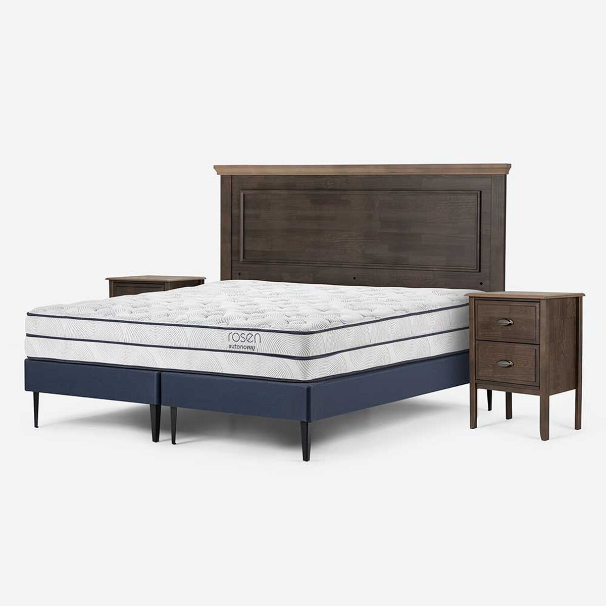 Cama Europea Rosen Base Dividida 2 Plazas Autonomy + Respaldo + 2 Veladores Anna