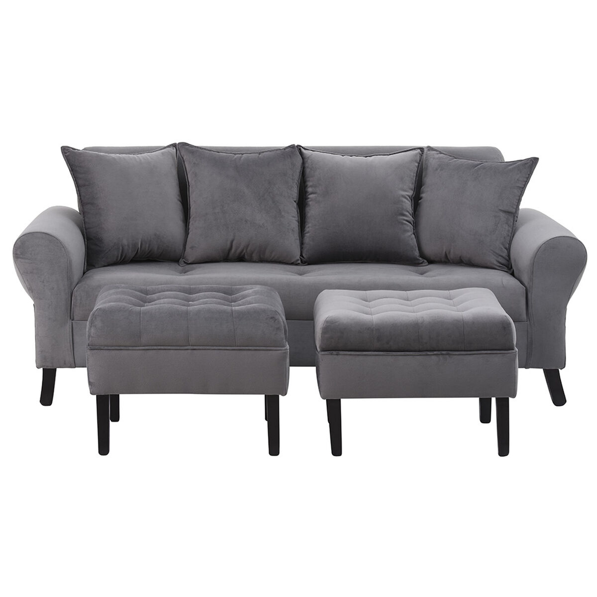 Sof&aacute; Felpa Bodevir Lua 3 Cuerpos + 2 Pouf Wood Gris
