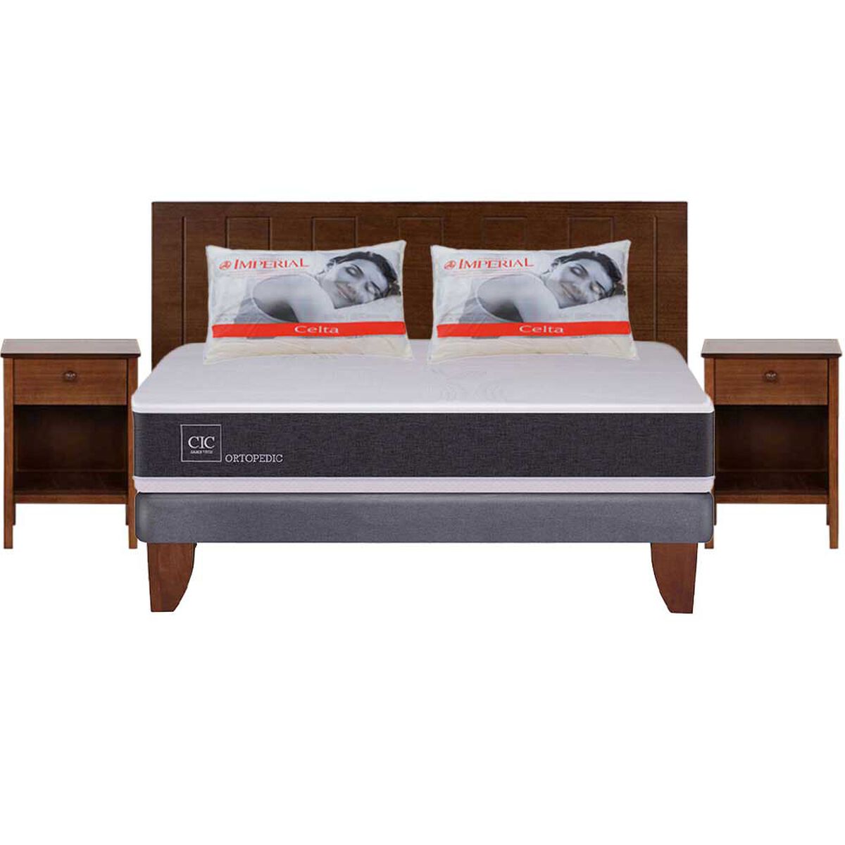 Combo Cama Europea CIC 2 Plazas Ortopedic + Respaldo + 2 Veladores CIC Alassio + Pack Almohadas Celta Imperial Soft