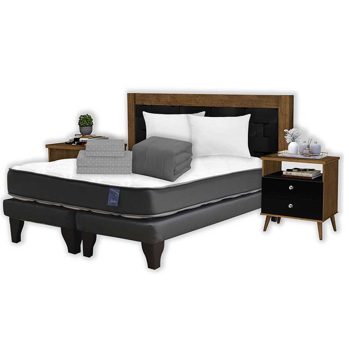 Combo Cama Europea Dreams Base Dividida 2 Plazas Dublin + Respaldo + 2 Veladores + Set Textiles + Pack 2 Almohadas