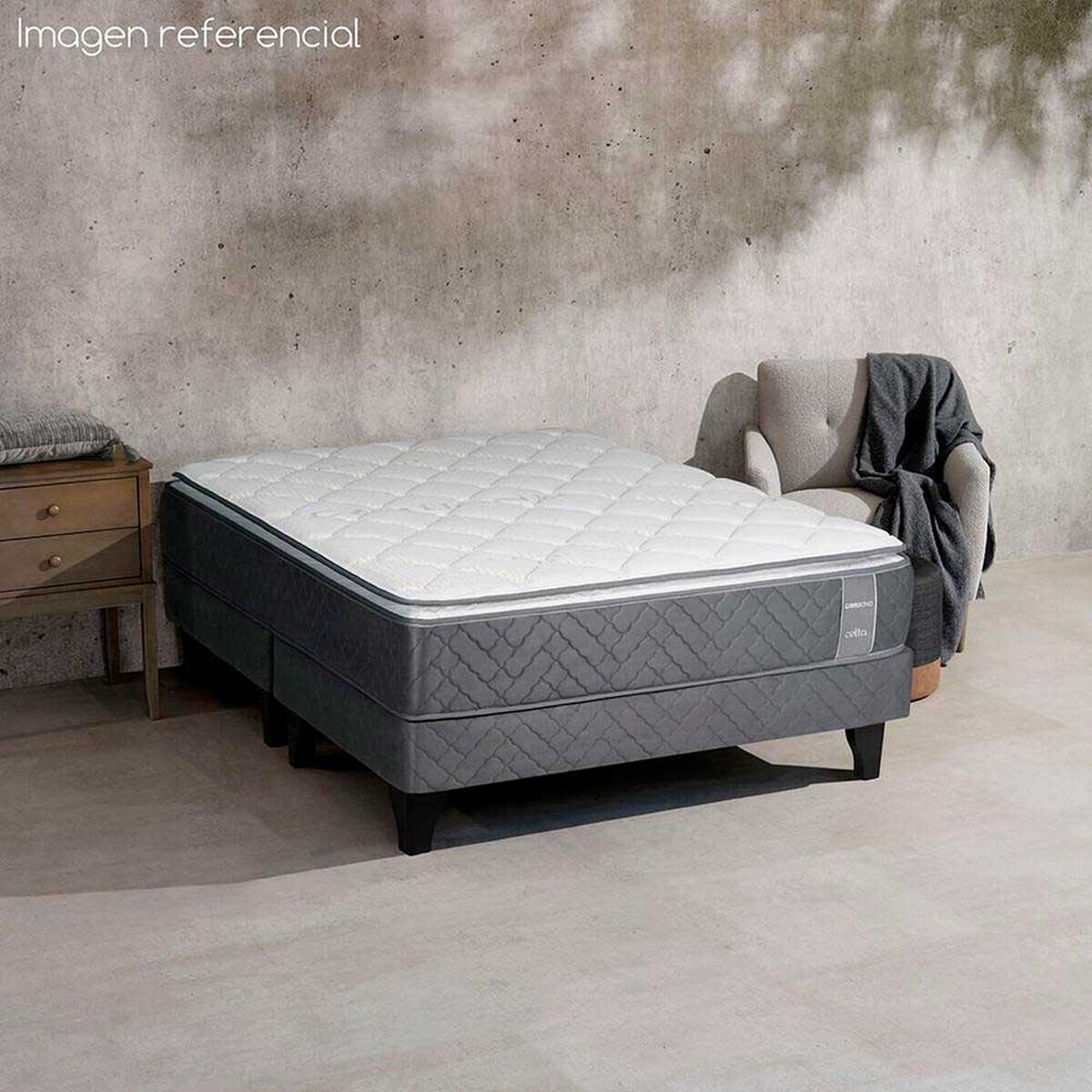 Cama Europea Celta Base Dividida 2 Plazas Carbono + Respaldo + 2 Veladores Capitone