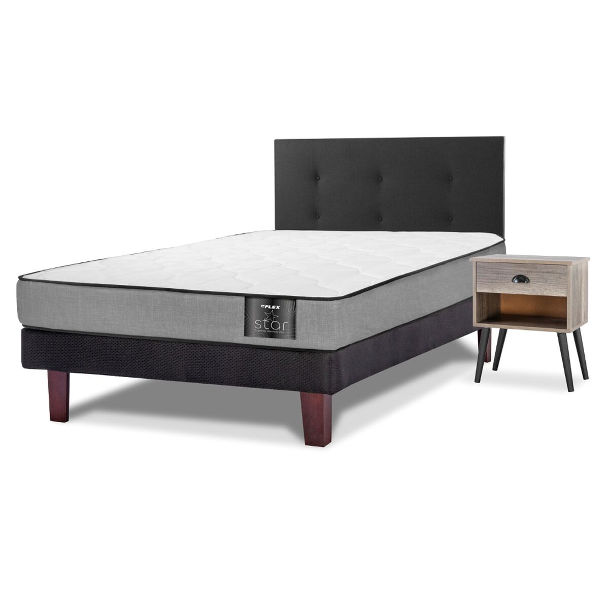 Cama Europea Flex 1,5 Plazas Star + Respaldo Royal Negro + Velador Rock