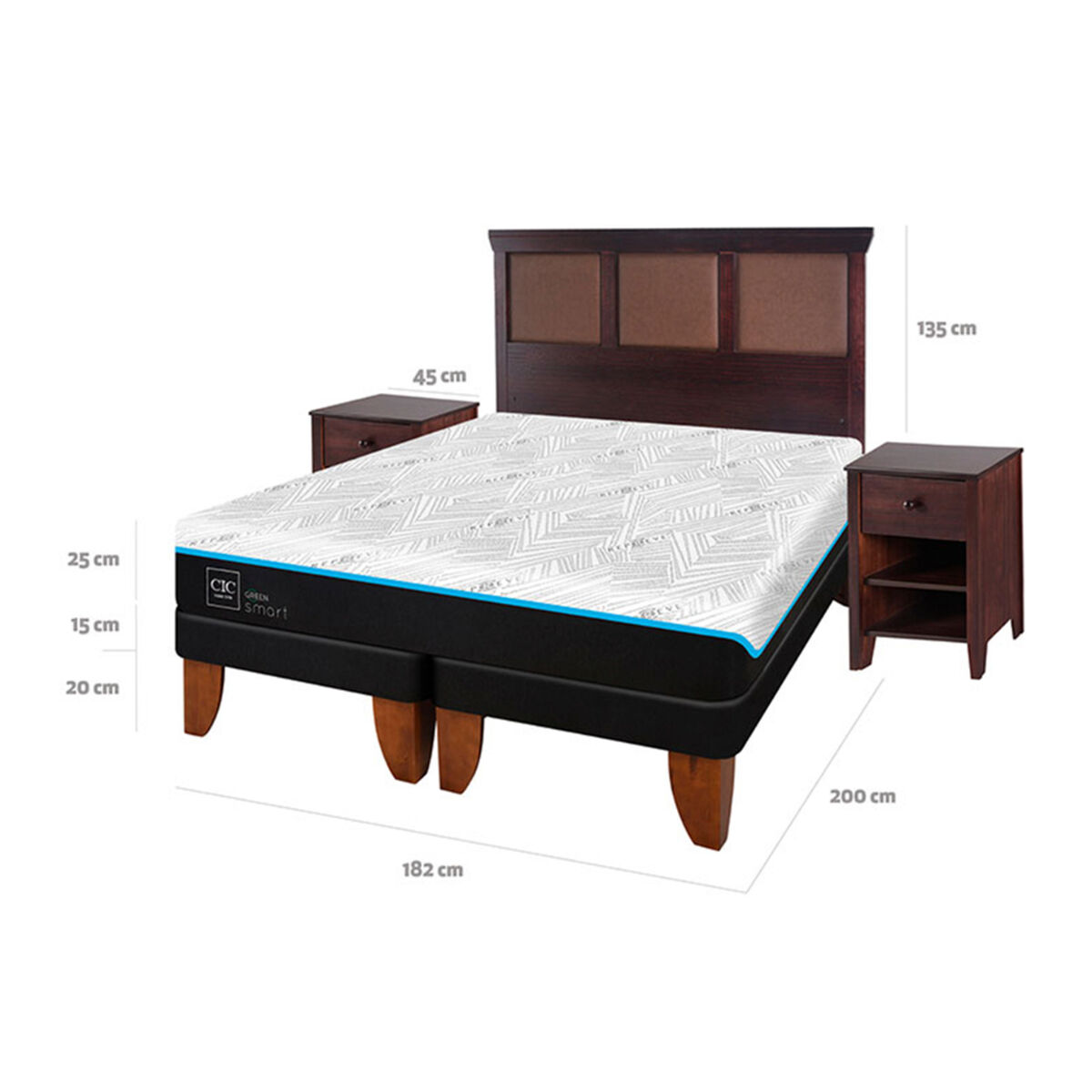 Cama Europea CIC Green Infinity King + 1 Respaldo + 2 Veladores Torino Choc