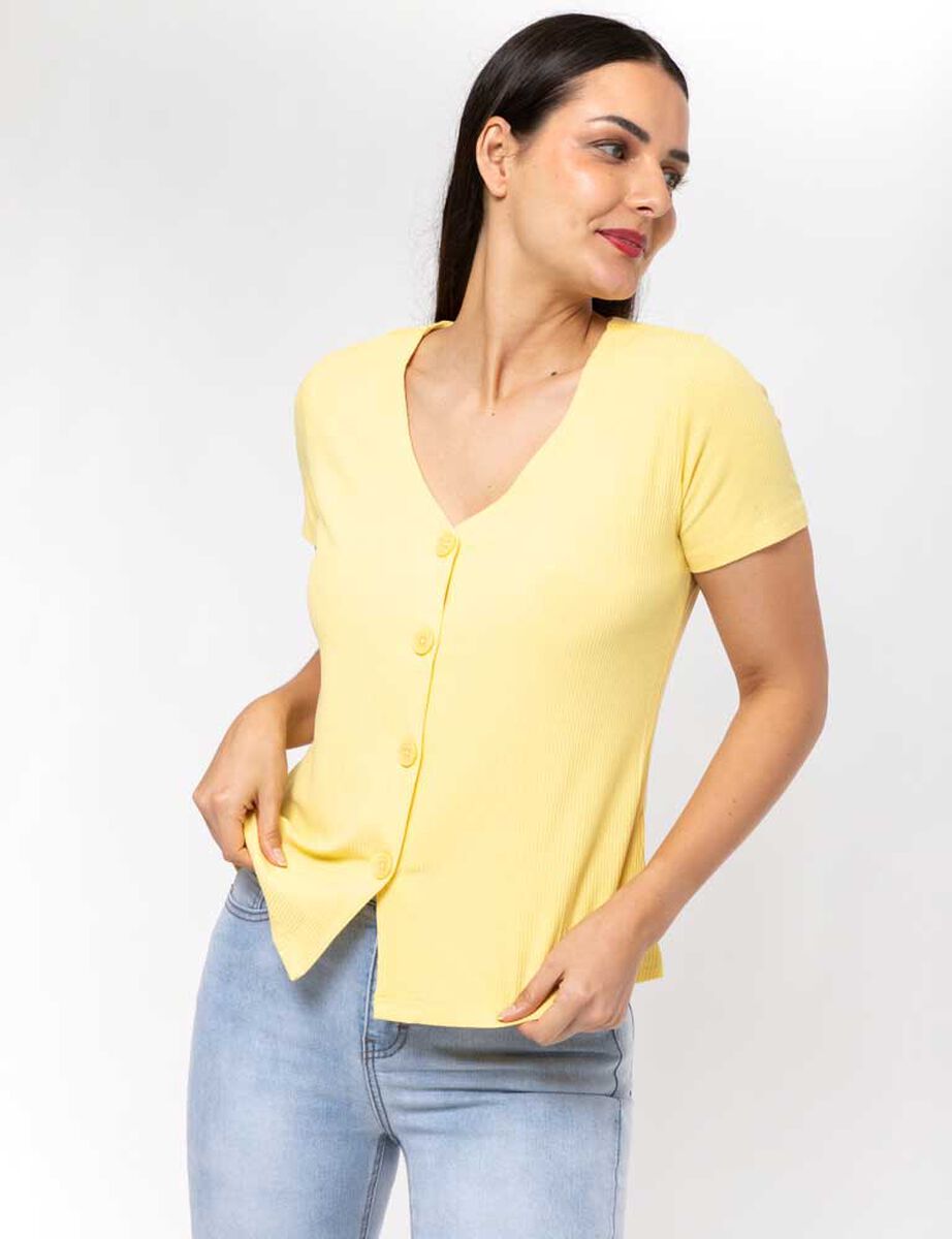 Polera Lisa Manga Corta Cuello V Botones Mujer Zibel