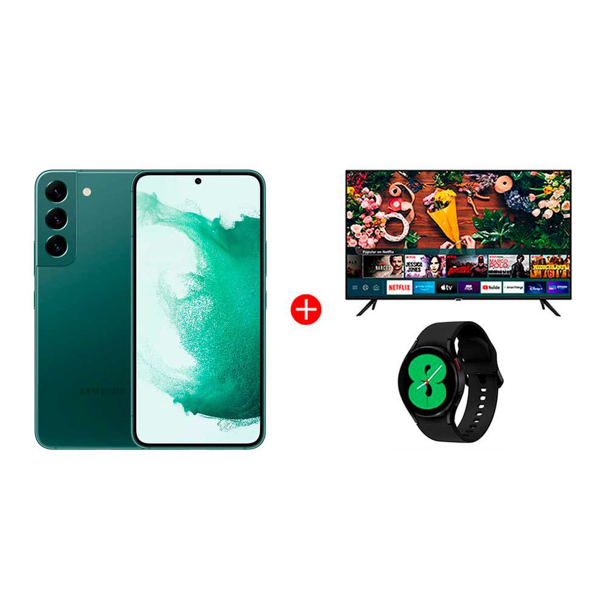 Combo Celular Samsung Galaxy S22 128GB 6,1" Green Liberado + LED 55" UN55AU7090 Smart TV 4K Ultra HD + Smartwatch Galaxy Watch4 LTE 40mm Black 