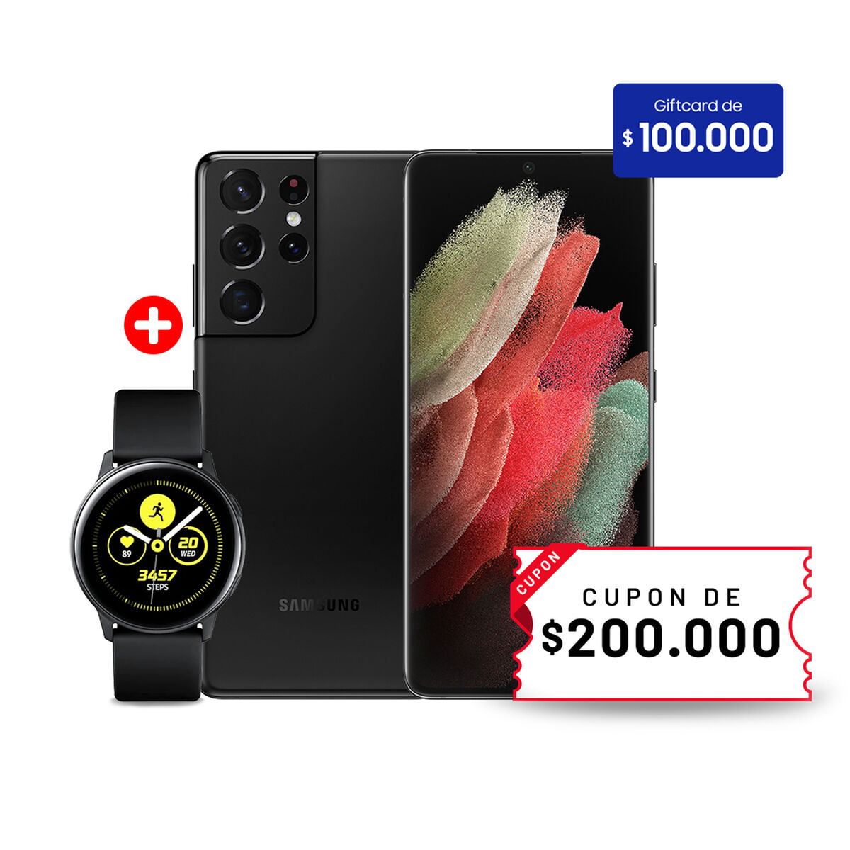Combo Celular Samsung Galaxy S21 Ultra Phantom Black 128GB + Smartwatch Galaxy Watch R500 Active Negro