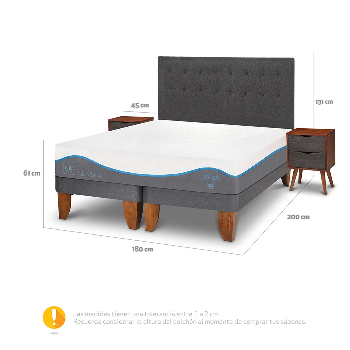 Cama Europea CIC Base Dividida King Alaska + Respaldo + 2 Veladores