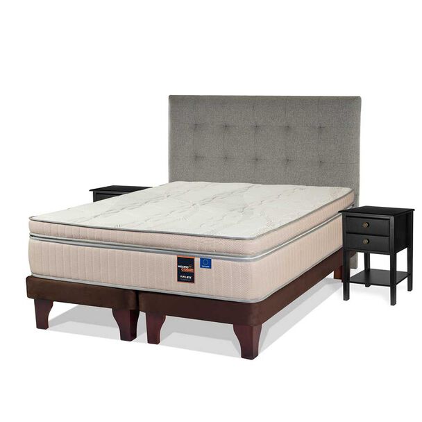 Cama Europea Flex Base Dividida 2 Plazas Maximo Cobre + Respaldo Design Gris + 2 Veladores Rover