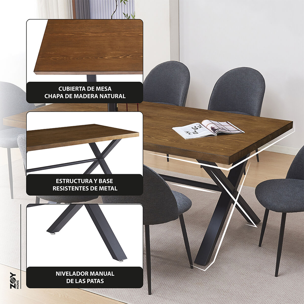 Juego de Comedor Zoy Home Lombok 6 Sillas Grafito