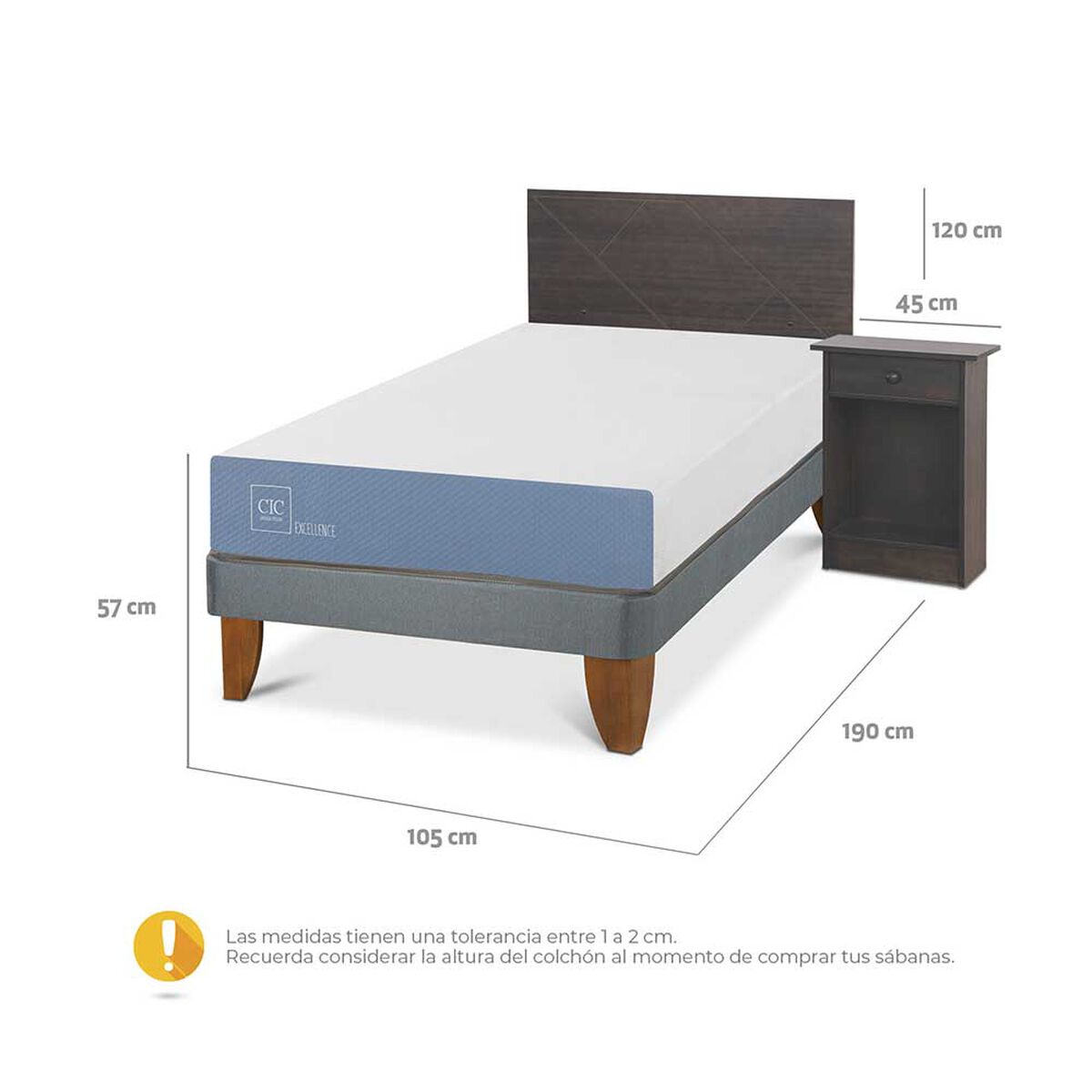 Cama Europea CIC 1,5 Plazas Excellence + Respaldo + Velador Villarrica