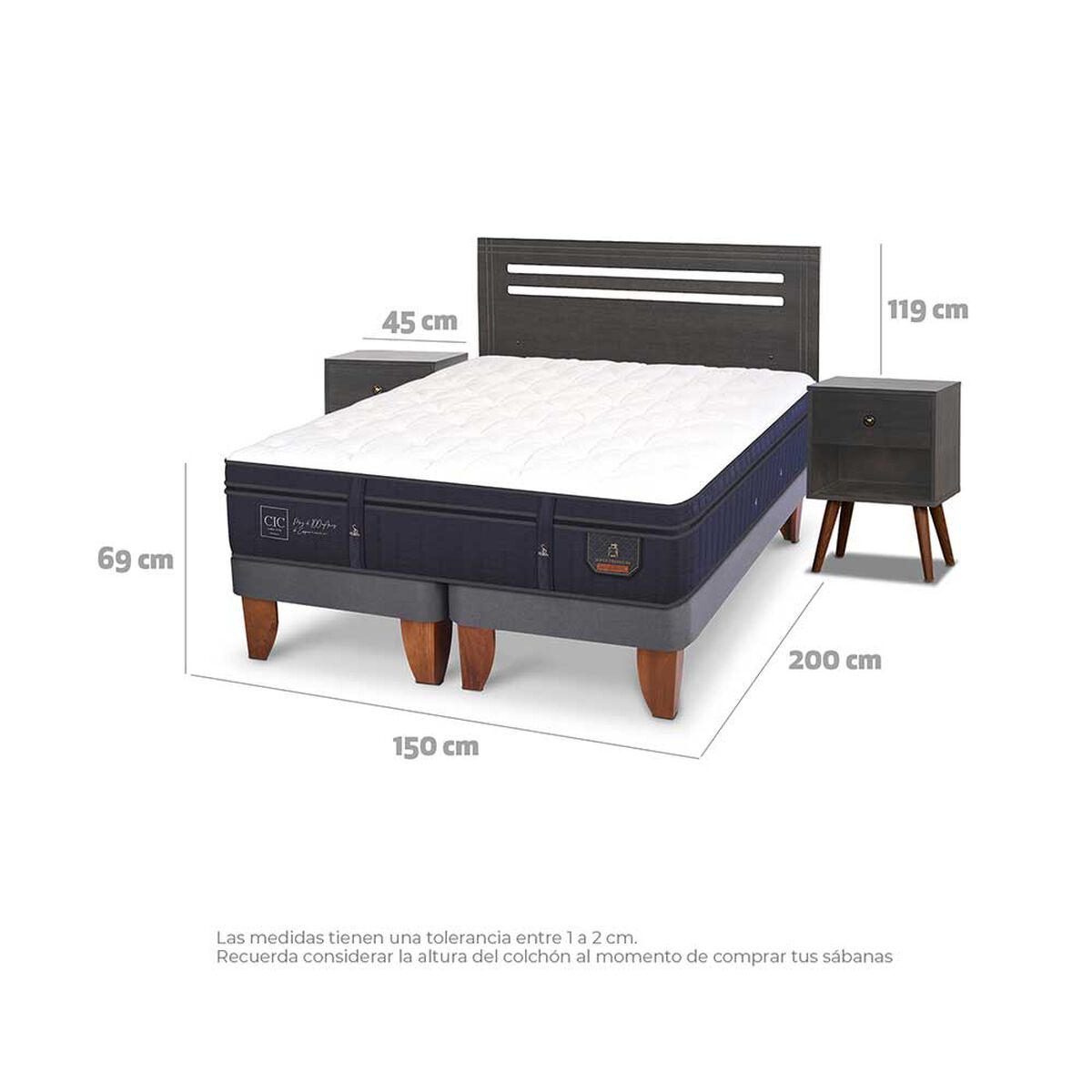 Cama Europea CIC Base Dividida 2 Plazas Súper Premium + Respaldo + 2 Veladores Munich