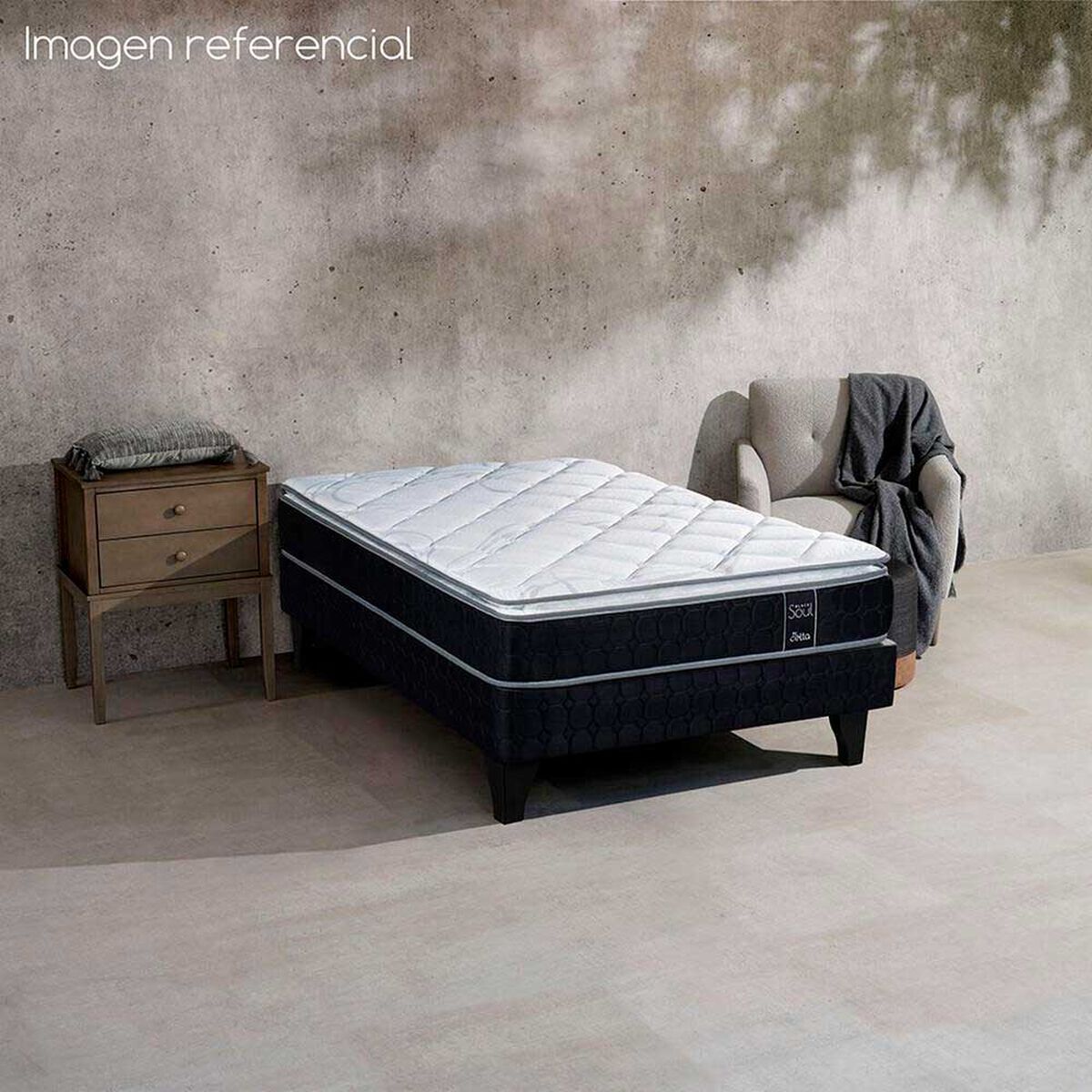 Cama Europea Celta 1,5 Plazas Black Soul + Respaldo + Velador Pamplona