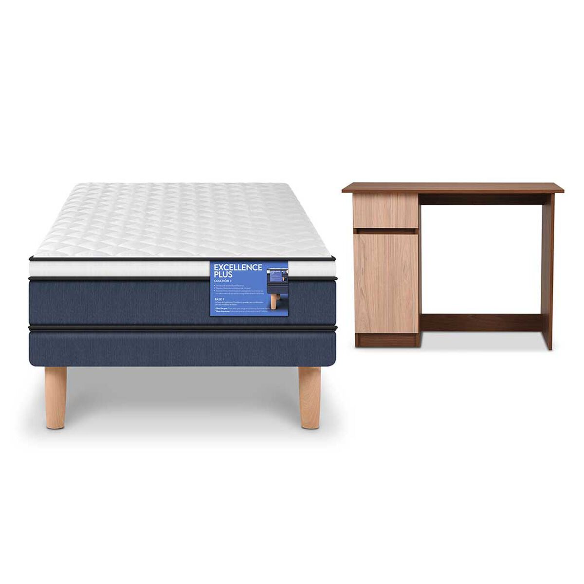 Combo Cama Europea CIC 1 Plaza Excellence Plus + Escritorio Olmo Alpino Nogal Amazónico 1 Puerta 1 Cajón