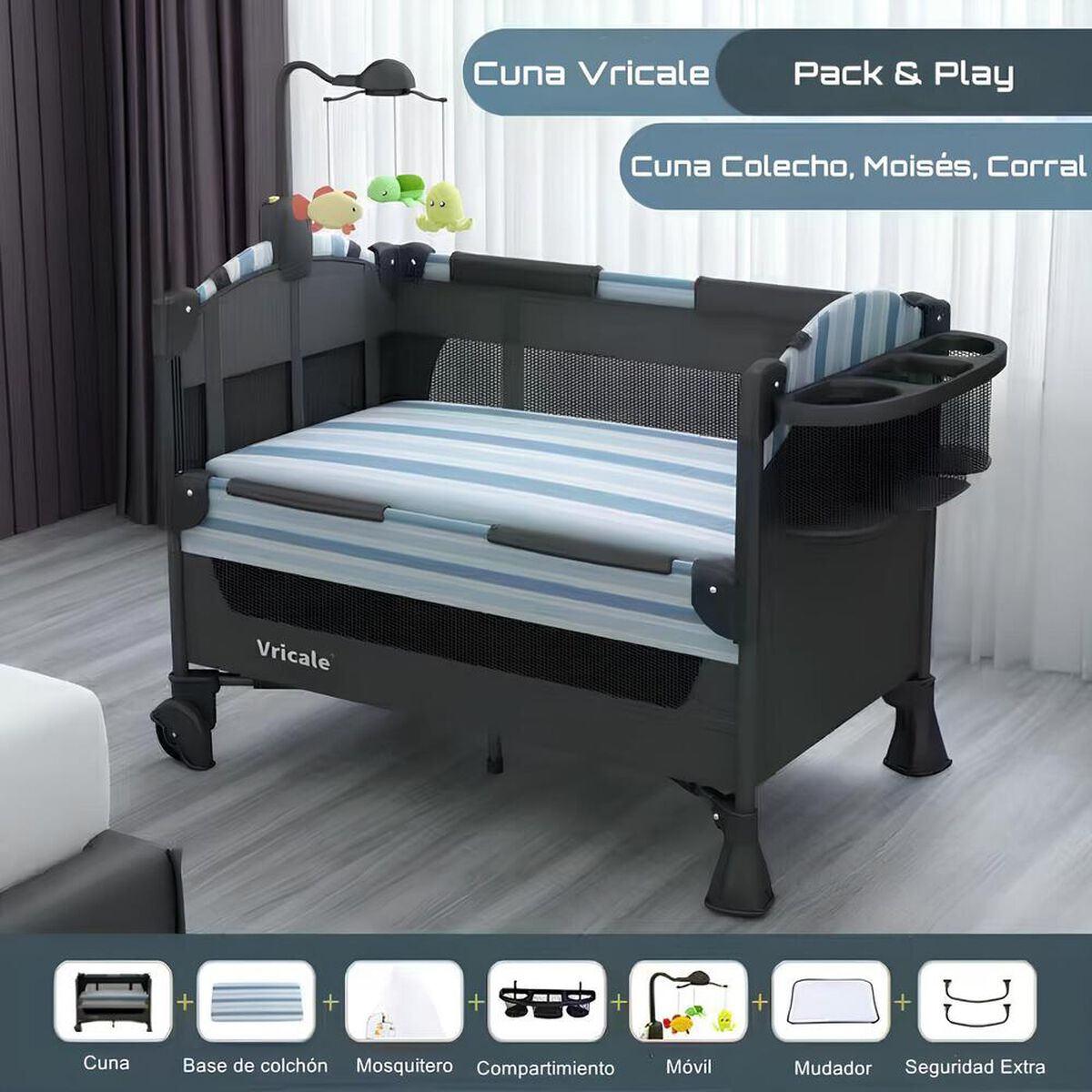Cuna Colecho Corral Mecedora 4 en 1 Lubabycas Azul