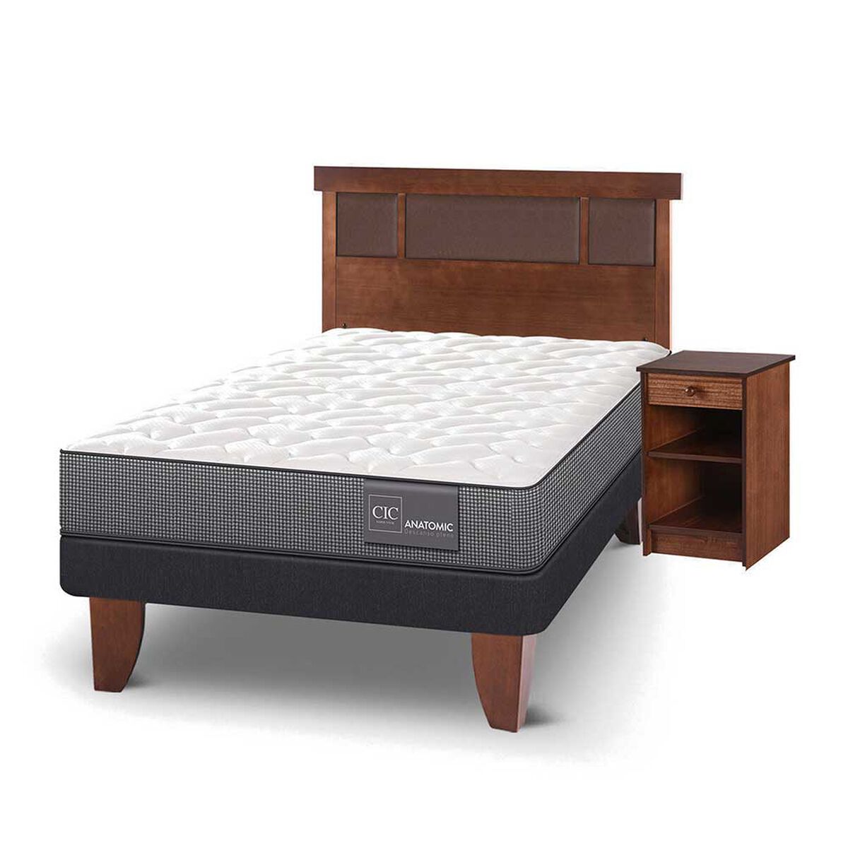 Cama Europea CIC 1,5 Plazas Anatomic + Respaldo +  Velador New Dublin Caramelo