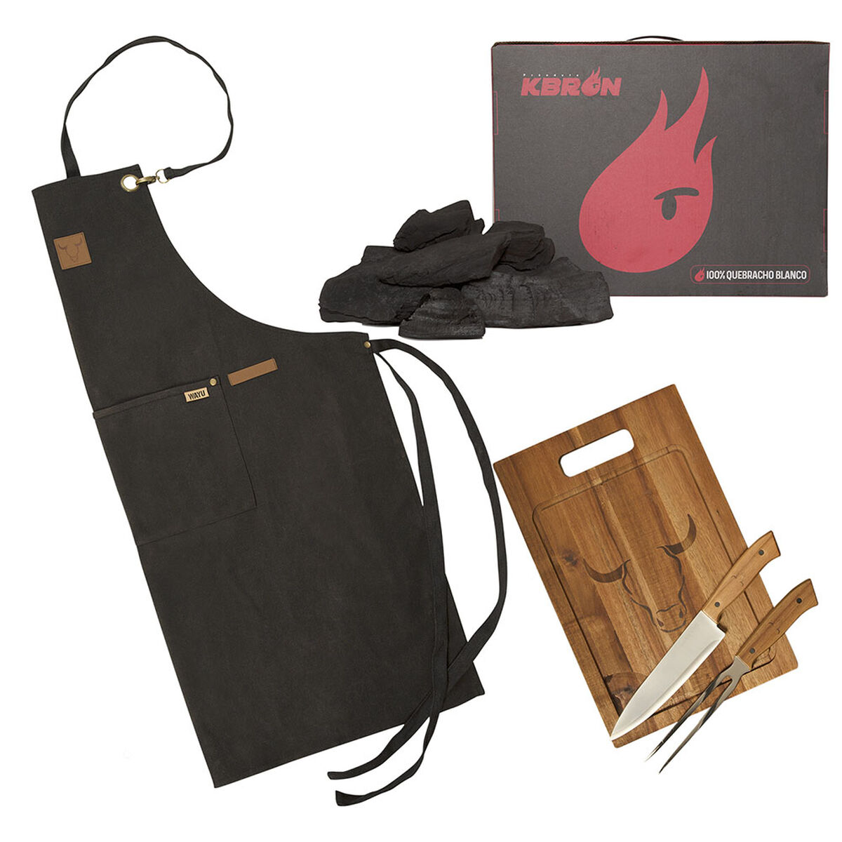 Set Parrillero Wayu Carb&oacute;n + Tabla + Cuchillo + Trinchero + Delantal