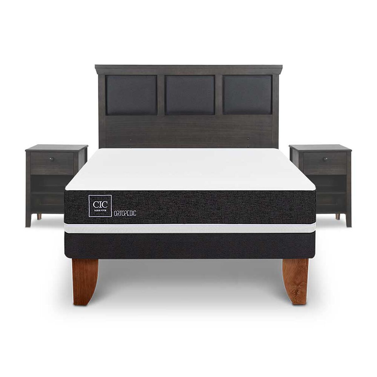 Cama Europea CIC 2 Plazas Ortopedic + Respaldo + 2 Veladores Torino
