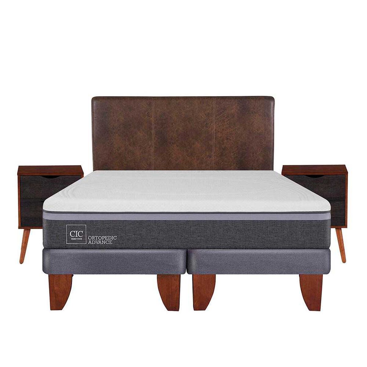 Cama Europea CIC Base Dividida 2 Plazas Ortopedic Advance + Respaldo + 2 Veladores Baker