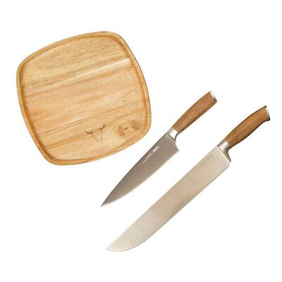 Imagen 1 del producto Set Parrillero Wayu Cuchillo Carnicero + Cuchillo Chef + Platos de Madera
