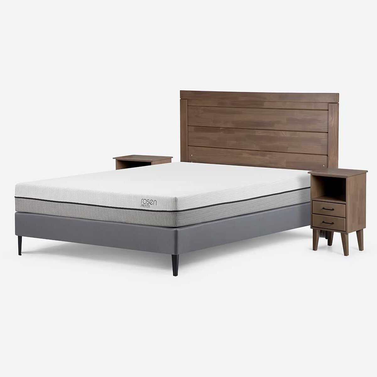 Cama Europea Rosen 2 Plazas Pratta + Respaldo + 2 Veladores Sicilia