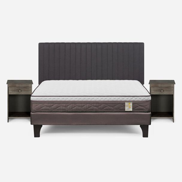 Cama Europea Rosen 2 Plazas New Style 4 + Respaldo + 2 Veladores Grafito