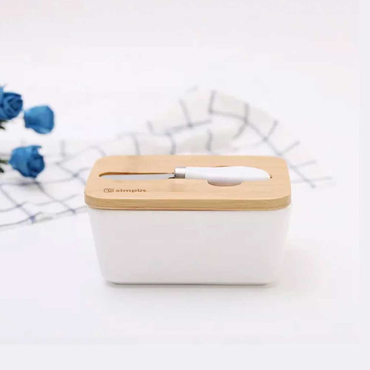 Set Mantequillero Cerámica Tapa Bamboo + Cuchillo 600 ml Simplit Blanco