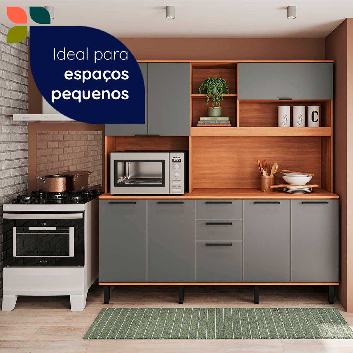 Kit de Cocina Roca Casta&ntilde;a 8 Puertas 3 Cajones Canela-Ceniza