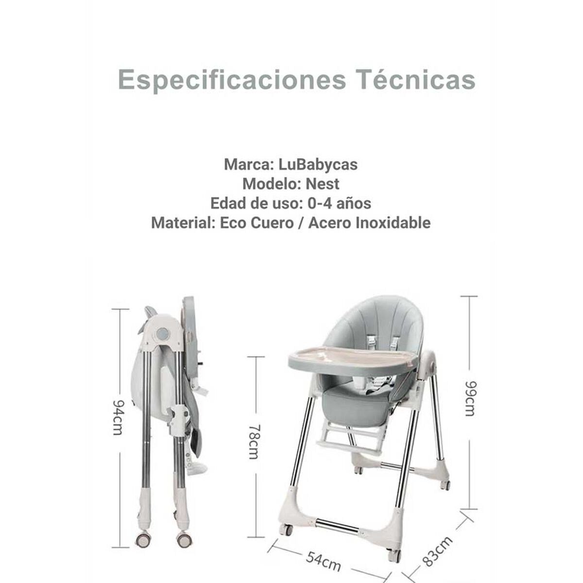 Silla de Comer Lubabycas Plegable con Ruedas Gris