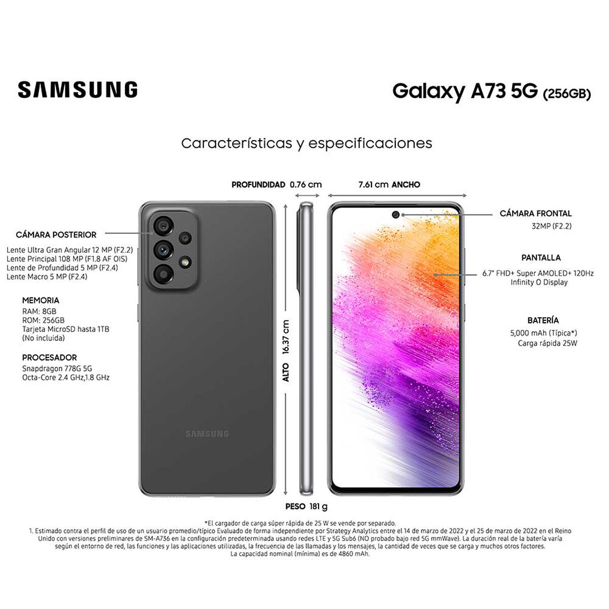 Celular Samsung Galaxy A73 5G 256GB 6,7" Gray Liberado