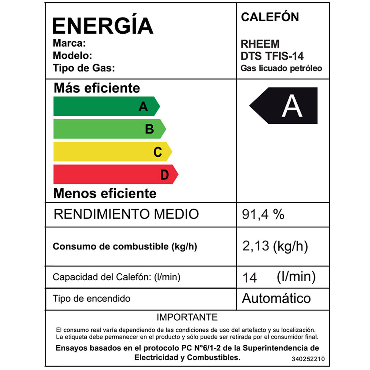 Calefont Gas Licuado Rheem Tiro Forzado Digital 14 lts.