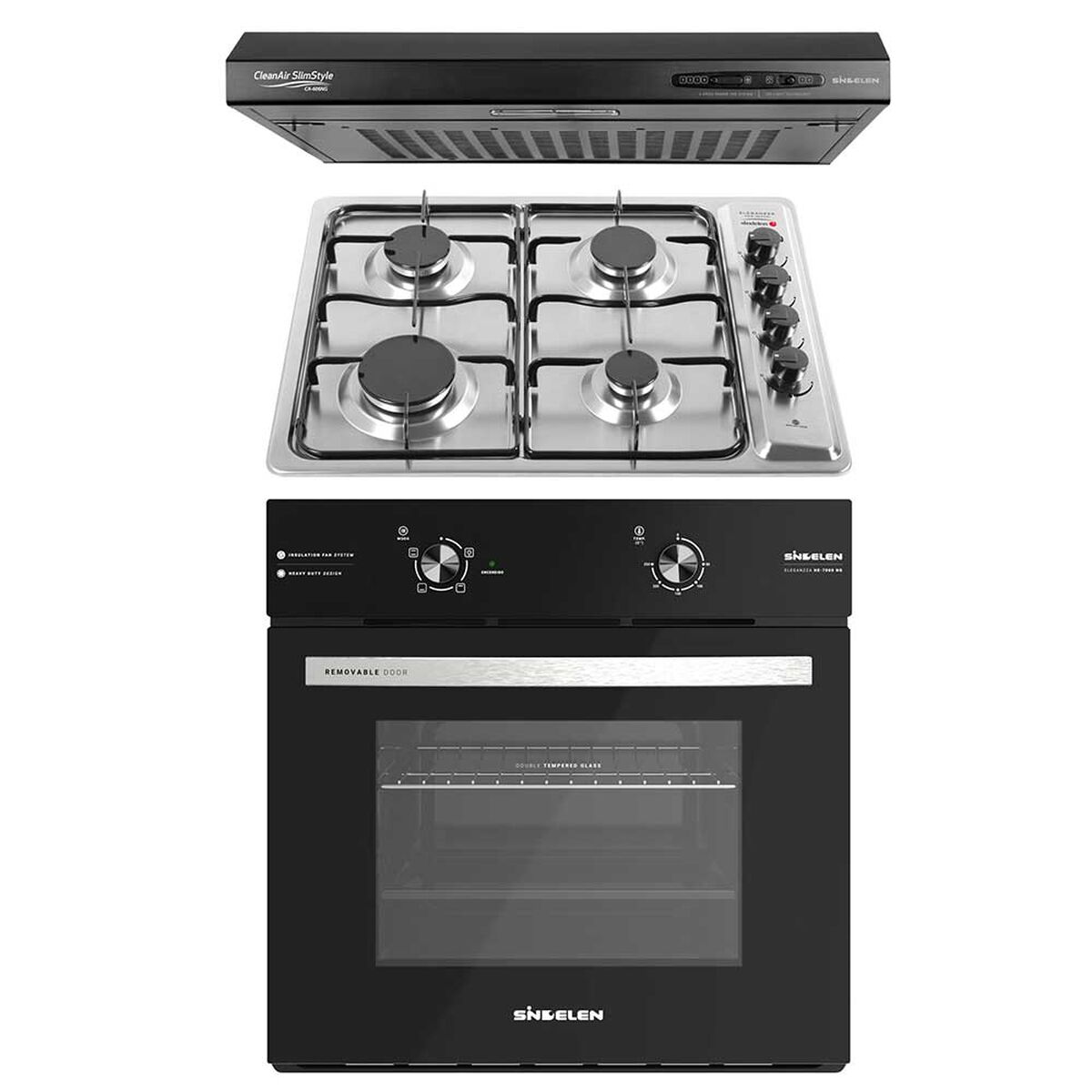 Kit Sindelen Horno El&eacute;ctrico Empotrable HE-7000NG + Encimera 4 platos CEG-4600IN + Campana Slim CA-606NG