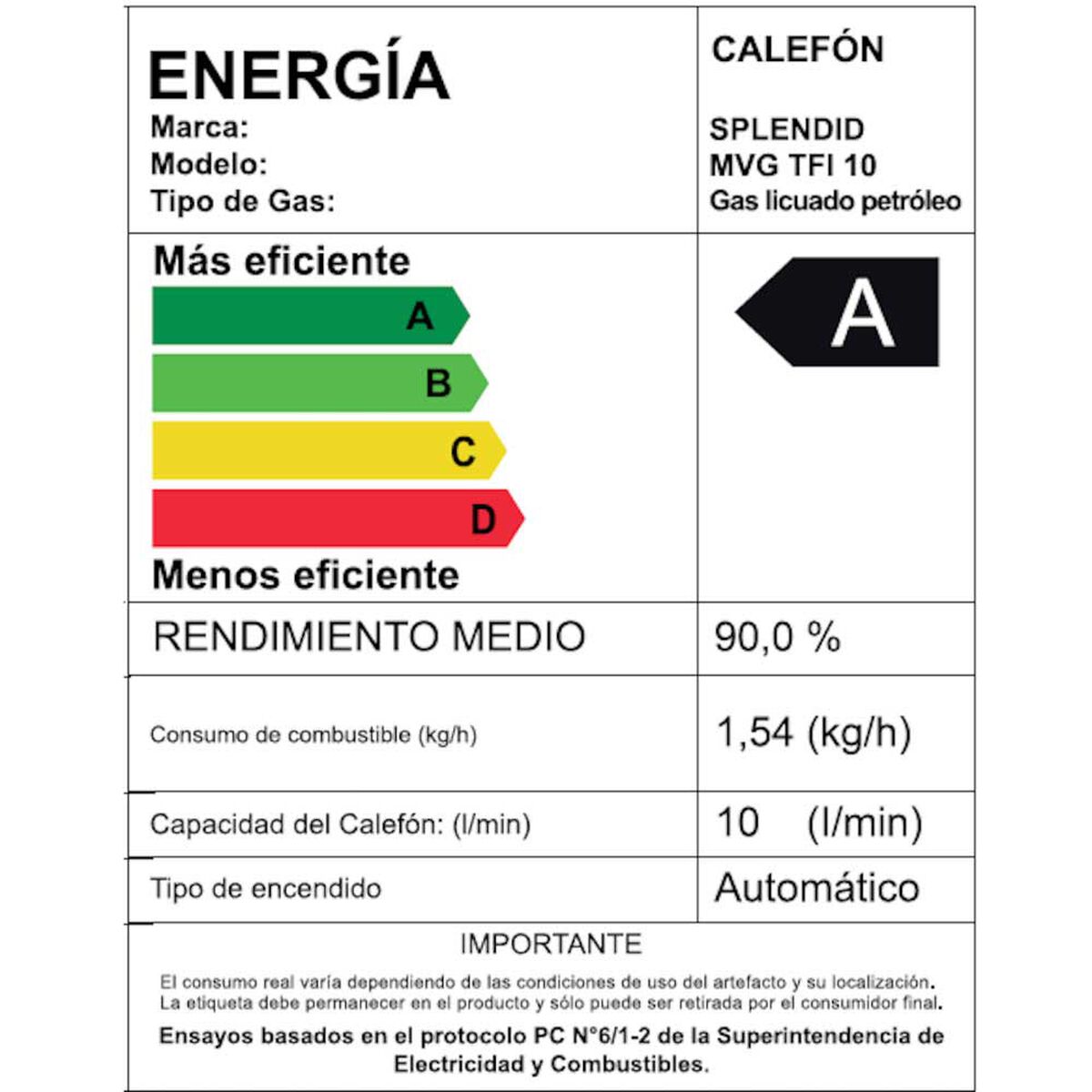 Calefont 10 litros Gas licuado Tiro forzado Splendid
